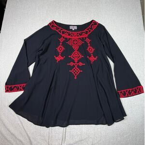 ROJA Women XL Black Red Sheer Embroidered Long Sleeve Western Blouse Tunic Shirt